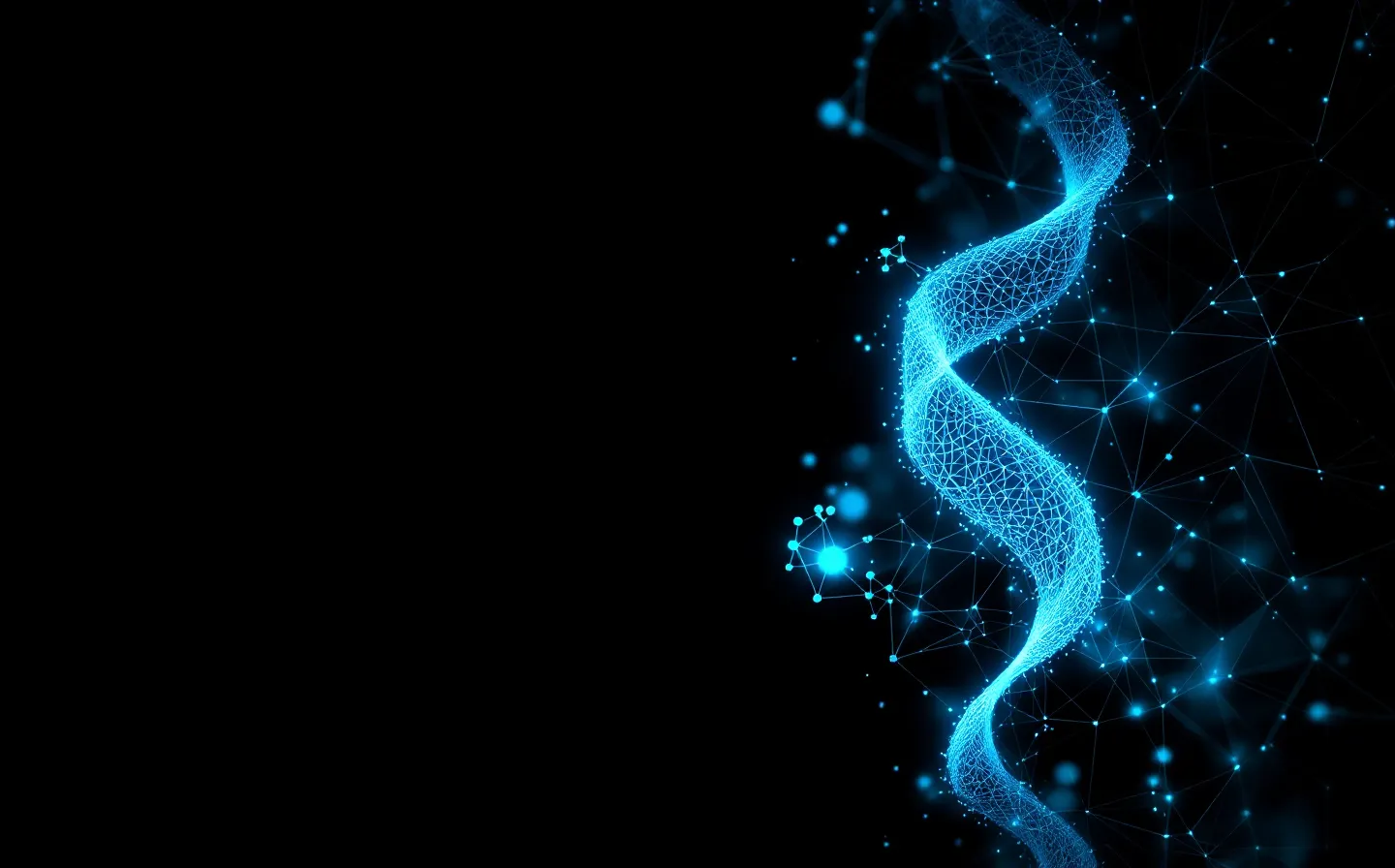 Abstract cyan wireframe of trabecular bone lattice merging into a peptide-chain motif on a dark editor-grid canvas